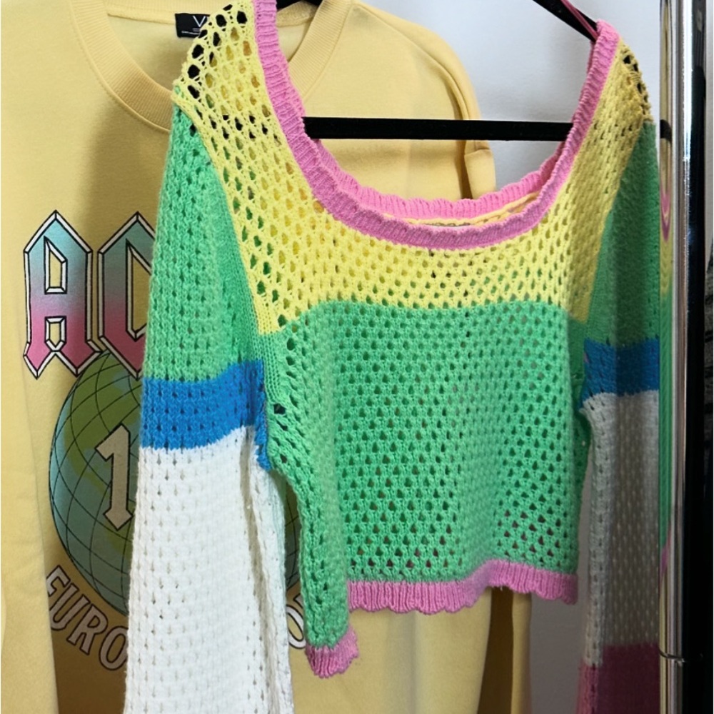 Boutique Crochet Boho Striped Cropped Sweater